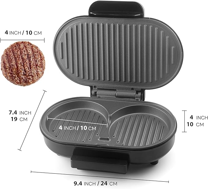 Double Mini Grill Maker, Breakfast Sandwich Maker, Burger Press Patty Maker, Panini Press Grill, Small Electric Grill, Ideal for Making Breakfast, Lunch and Snacks