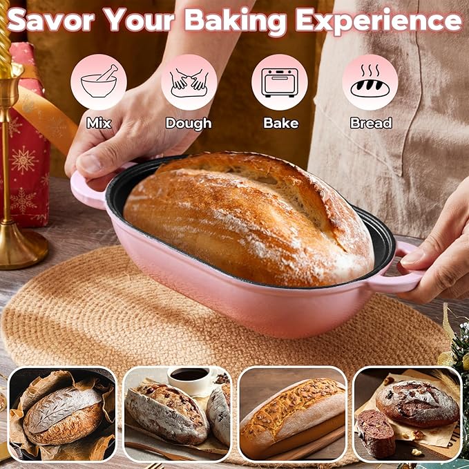 Onader Enameled Cast Iron Sourdough Bread Oven, 2.8QT Oval Dutch Oven, Loaf Cast Iron Bread Pan with Lid for Homemade Bread Baking, 9x5-1/2 Inch Meatloaf Pan, Heavy Duty - Pink
