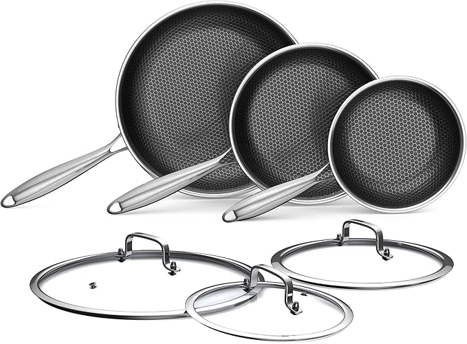 Bielmeier 8, 10, 12 Inch Nonstick Frying Pan with Tempered Glass Lid,6-Piece Set Stainless Steel Flat Bottom Frying Pan for Gas, Electric & Induction Cooktops, Dishwasher Safe