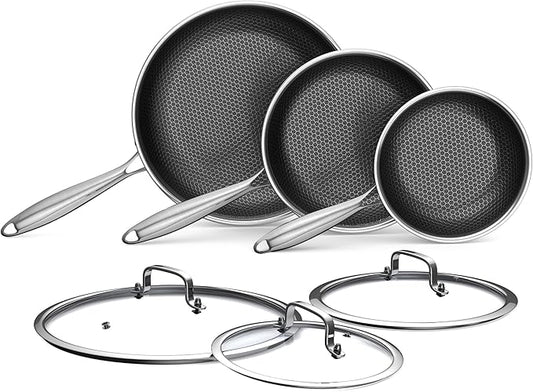 Bielmeier 8, 10, 12 Inch Nonstick Frying Pan with Tempered Glass Lid,6-Piece Set Stainless Steel Flat Bottom Frying Pan for Gas, Electric & Induction Cooktops, Dishwasher Safe