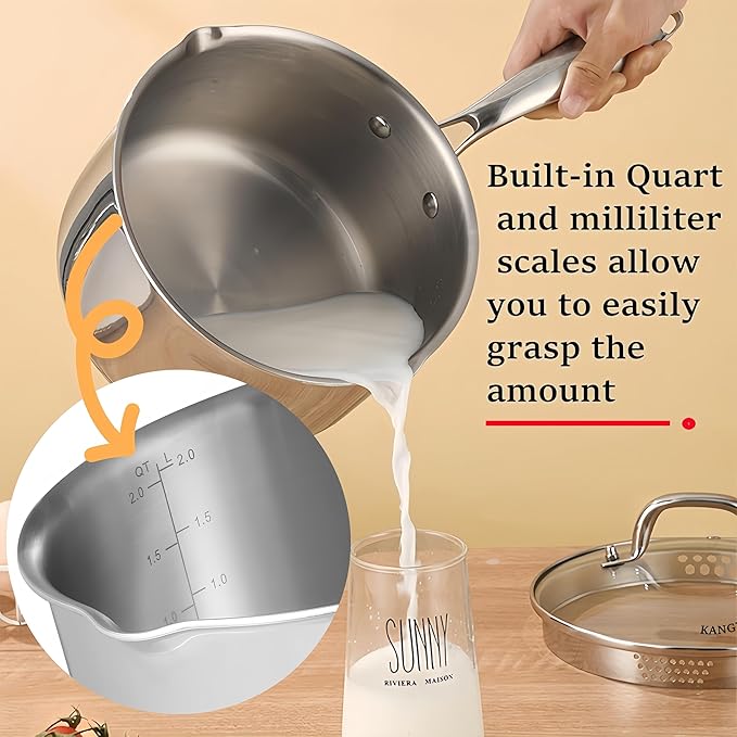 KANGXW 3.0 Quart Stainless Steel Saucepan With steamer,With Pour Spout and Filter Glass Lid Milk Pan, Sauce, Gravy, Pasta Stock Pot For All Stovetops(3.0 Quart With steamer)