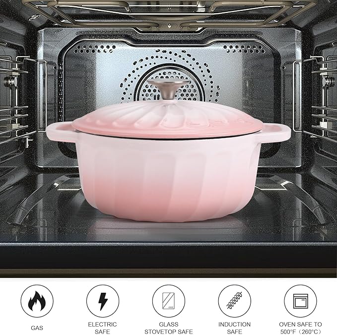 Enameled Cast Iron Dutch Oven Pot with Lid, 3 QT Dutch Oven for Bread Baking, Heavy Duty Cast Iron Pot for Braising, Cook, Bake, Oven Safe across All Cooktops (Gradient Pink,3 QT)