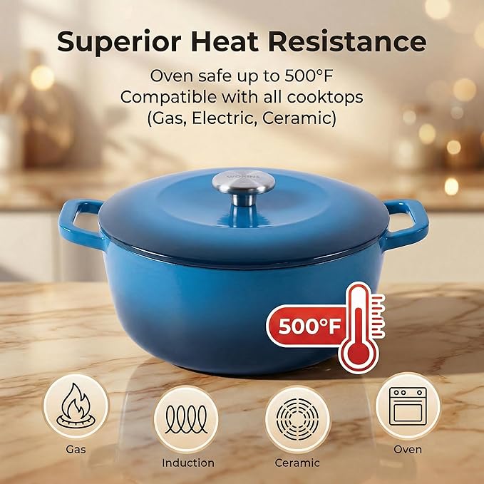 7QT Enamel Cast Iron Dutch Oven with Lid,Dual Handles,Versatile Heavy-Duty Non-toxic Cookware for Sourdough Bread Baking,Braising,Stews,Roasting,Oven Safe up to 500°F blue