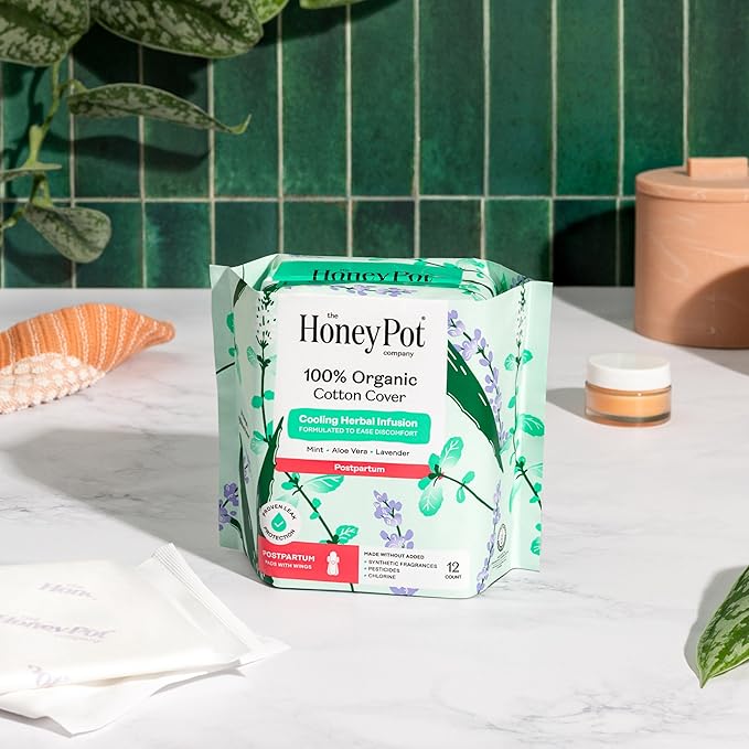 The Honey Pot Company - Herbal Postpartum Pads w/Wings - Infused w/Essential Oils for Cooling Effect, Organic Cotton Cover, & Ultra-Absorbent - Feminine Care - 12ct