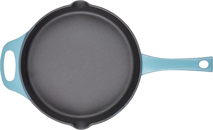 Rachael Ray NITRO Cast Iron Fryin Pan/Skillet with Helper Handle and Pour Spouts, 12 Inch - Agave Blue