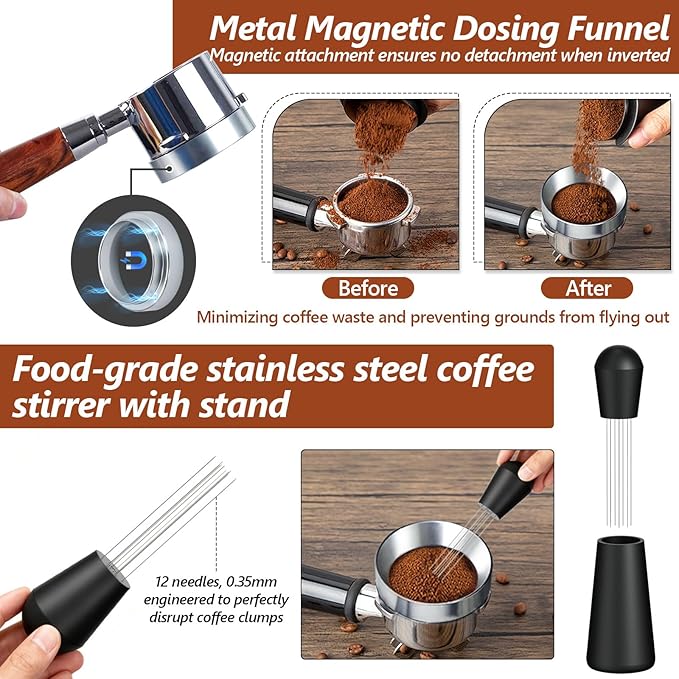 7 Pcs 53mm Espresso Accessories Kit, Spring Loaded Calibrated Tamper, WDT Tool, Coffee Measuring & Espresso Cup and Tamper Mat, Puck Screenr & Dosing Funnel, Fit 53mm Espresso Machine Accessories