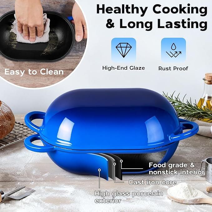 Onader Enameled Cast Iron Oval Dutch Oven Pot with Lid, 2.8QT Dutch Oven for Sourdough Bread Baking, Cast Iron Bread Pan, 9x5-1/2 Inch Loaf Meatloaf Pan, Heavy Duty - Blue