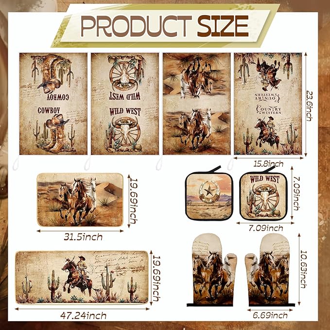 10 Pcs Western Cowboy Kitchen Decor Oven Mitts and Pot Holders Set Western Cowboy Kitchen Accessories Vintage Dish Towels Farmhouse Rugs and Mats for Home Cooking Baking Housewarming Gifts