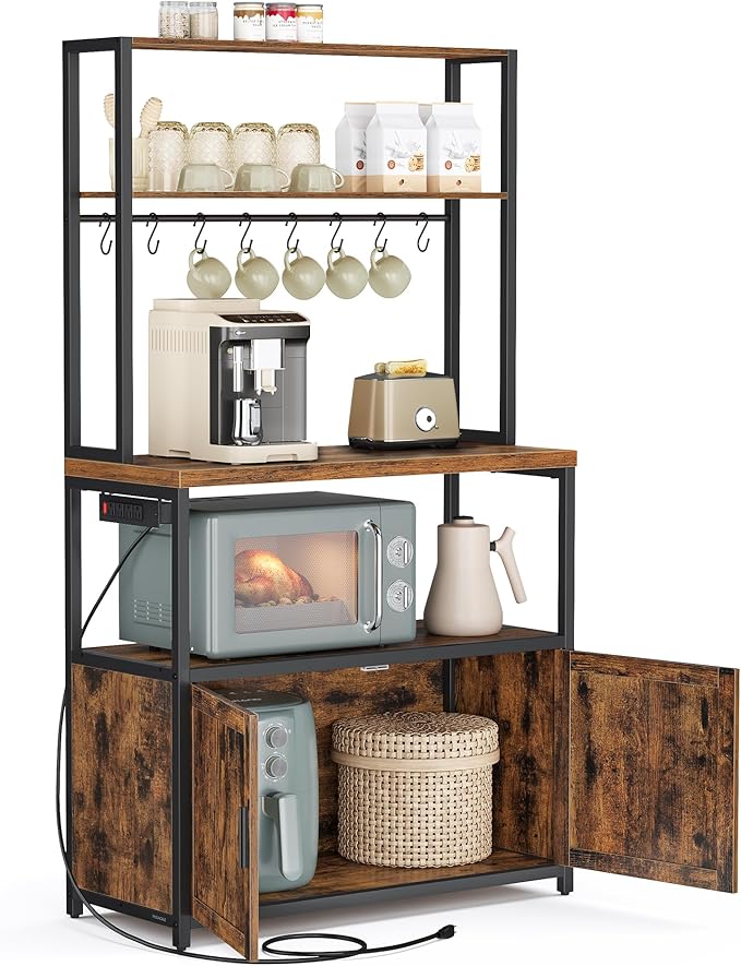 VASAGLE Kitchen Bakers Rack with Power Outlet, Coffee Bar with 35.4-Inch High Worktop, Microwave Stand with 8 Hooks, 15.7 x 31.5 x 66.9 Inches, Rustic Brown and Ink Black UKKS059K01