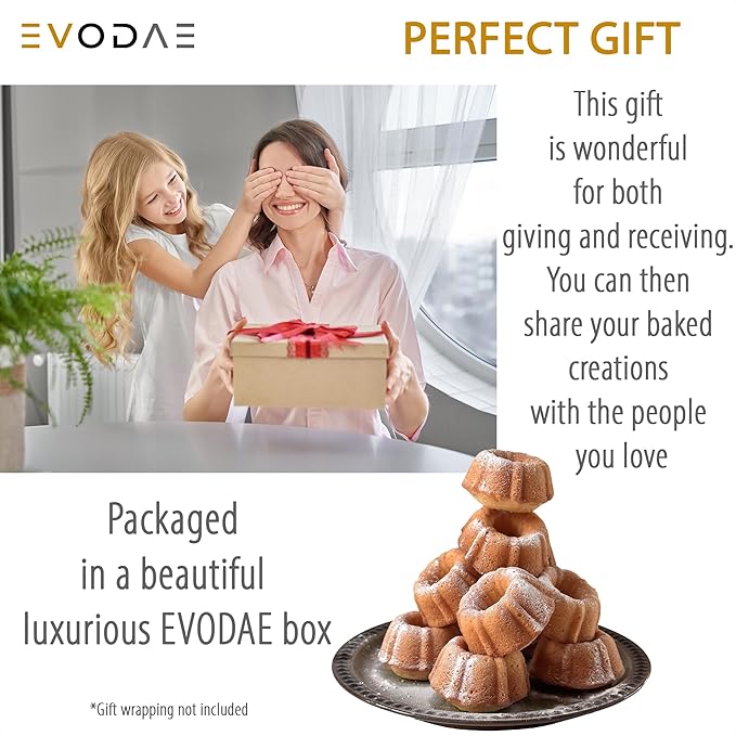 EVODAE® Mini Bundt Cake Pans for Baking – Set of 2 – 6 Cups Each (12 Cups Total) – Nonstick Black Carbon Steel – Heavy-Duty & Built to Last – Carefully Packaged in a Clean Black Box – PFOA & PTFE Free