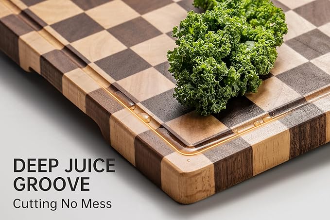 Cutting Boards for Kitchen, Checkered Cutting Board Upgraded, Acacia Wood Chopping Board with Juice Grooves & Handles, Large Butcher Block Serving Tray with Gift Box, 16.5" x 11.6" x 0.8"