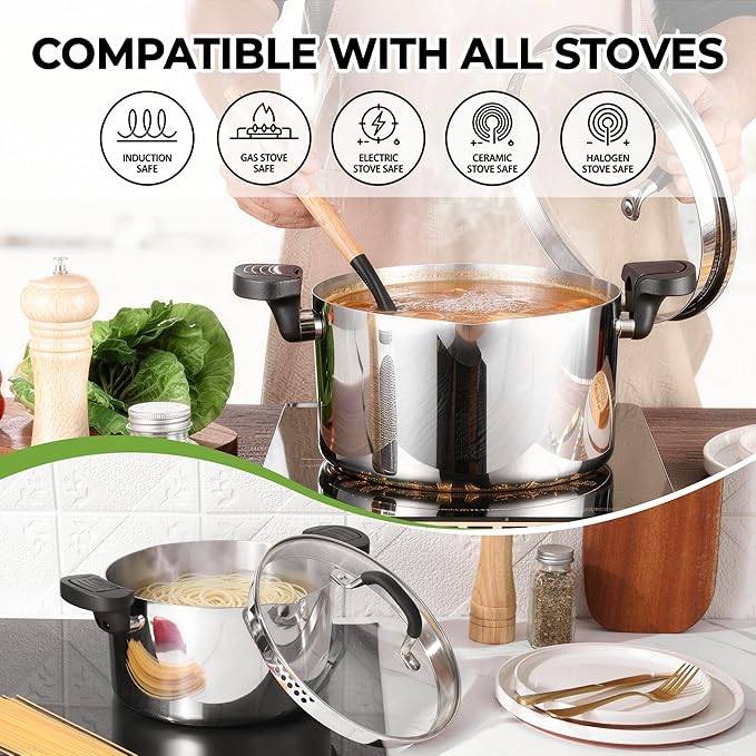 E-far Pasta Pot with Strainer Lid, 6 Quart Tri-Ply Stainless Steel Stock Pot & Push and Lock Handles, Non-toxic Multipurpose Cooking Pot for All Cooktops, Heavy Duty & Dishwasher Safe