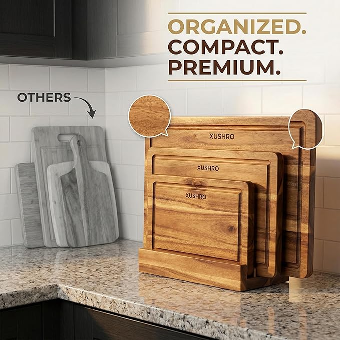 Acacia Wood Cutting Board Set of 3 with Stand - (16x12 / 14x10 / 12x8) Thick Wooden Chopping Boards with Deep Juice Grooves, Non-Slip & Durable Wooden Boards for Meat & Vegetables - Natural
