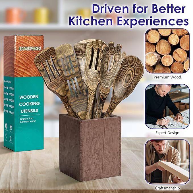 Wooden Spoons for Cooking, Pakkawood Kitchen Utensil Set Granite, Premium Durable Wooden Utensils for Nonstick Cookware, Heat Resistant, Smooth Finish, Comfortable Grip, 6 Piece