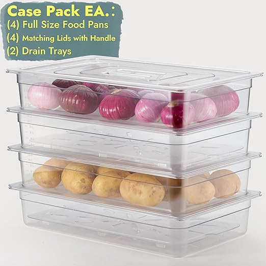CURTA 4-Pack Full Size 4" Deep NSF Polycarbonate Food Pans with Handled Lids & Drain Trays | Dishwasher & Freezer Safe Clear Container for Prep Tables, Buffet, Salad Bar, Commercial & Home Kitchen