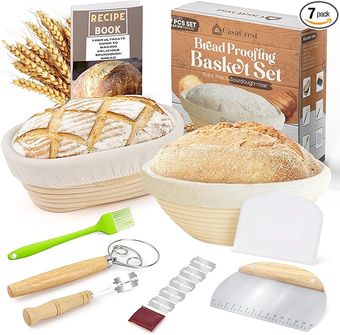 Casa Crest Sourdough Bread Baking Kit - Includes 1 Oval and 1 Round Banneton Basket for Proofing and Rising, Bowl Scraper, Cookbook, Liners, and Tools - Accessories and Supplies for Adults
