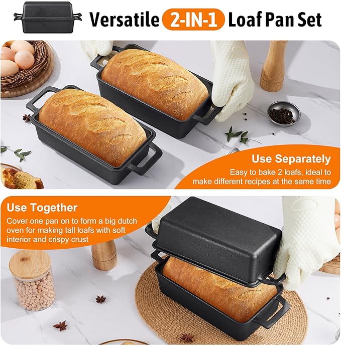 P&P CHEF 2-In-1 9 x 5 Inch Cast Iron Loaf Pan with Lid (Black), Bread Loaf Pans for Baking Homemade Sourdough Bread, Meatloaf, Toast, Cake, Nonstick & Healthy & Sturdy, 2 Piece Set