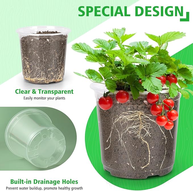 10 Inch Large Clear Nursery Pots with Drainage, 5 Pack Plastic Pots for Plants, Ideal Seedling Pots and Plant Pots for Vegetables, Orchids, Aloe, Indoor Outdoor Use (10 inch-5 Pack)