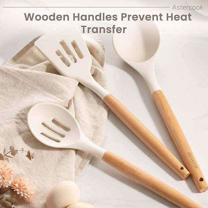 Astercook Silicone Cooking Utensils Set, 38 PCS Kitchen Utensils Set for 446°F Heat Resistant, Food Grade Utensil Sets with Wooden Handle, Kitchen Gadgets for Nonstick Cookware BPA Free (White)