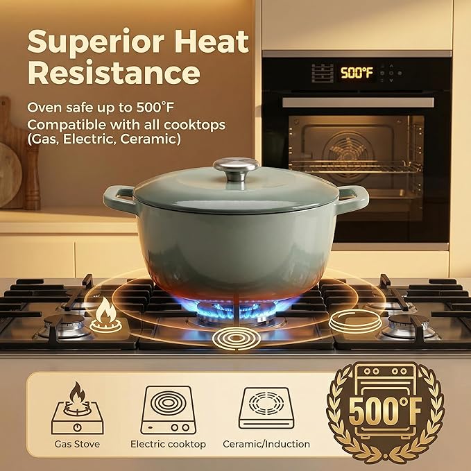 5.5QT Enamel Cast Iron Dutch Oven with Lid,Dual Handles,Versatile Heavy-Duty Non-toxic Cookware for Sourdough Bread Baking,Braising,Stews,Roasting,Oven Safe up to 500°F green