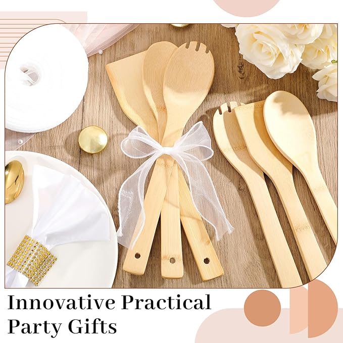 72 Pcs Bamboo Spatula Wooden Kitchen Utensil Bulk 12''wood Spoon Spatula for Cooking with Ribbon Bridal Baby Shower Game Prize Wedding Party Favors Housewarming Gift (Various Style)