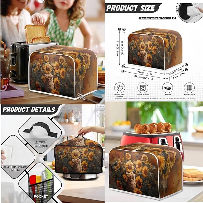 Sunflower Cat 4 Slice Toaster Cover,Bread Toaster Oven Dust Cover Kitchen Bakeware Protector Blender Cover Slow Cooker Cover Anti Fingerprint Kitchen Decorations (Orange)