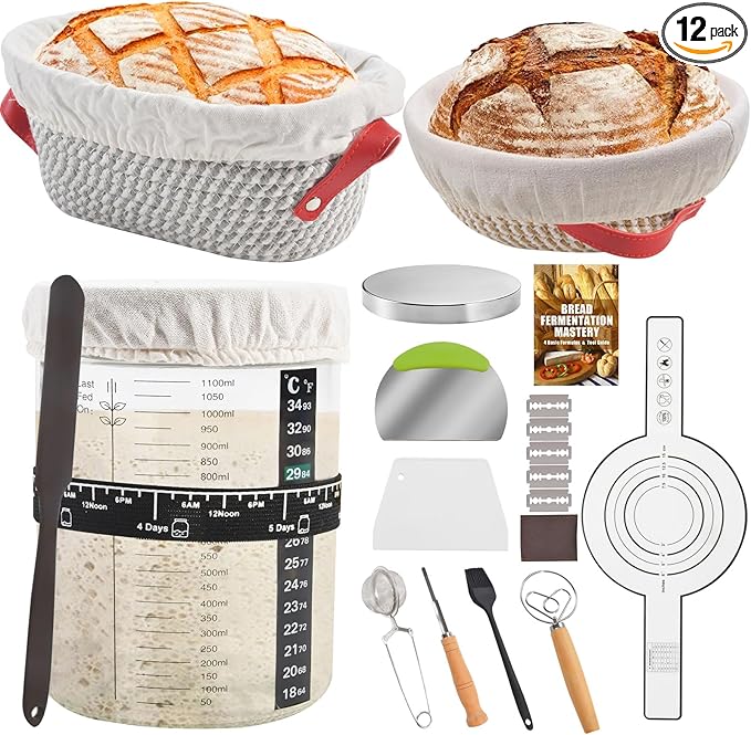 Sourdough Starter Kit, Sourdough Bread Baking Supplies with 40oz Jar, 10" & 11" Cotton Banneton Proofing Baskets Set - Artisan Bread Tools, Silicone Sling for Homemade Sourdough Baking