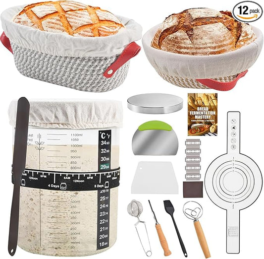 Sourdough Starter Kit, Sourdough Bread Baking Supplies with 40oz Jar, 10" & 11" Cotton Banneton Proofing Baskets Set - Artisan Bread Tools, Silicone Sling for Homemade Sourdough Baking