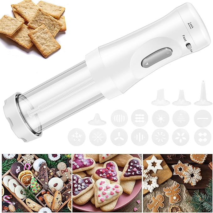 Electric Cookie Press Gun，DIY Cookies Maker Set with 12 Cookie Discs and 4 Icing Nozzles, Electric Cookie Press Decorating Kit for Baking Biscuit Maker