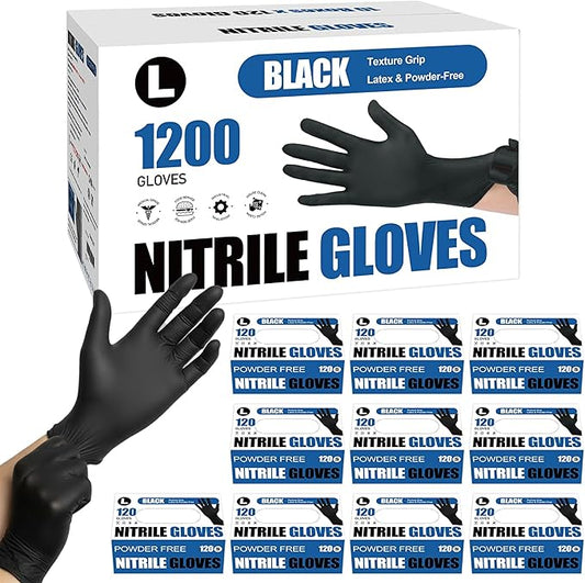 Fixwal 1200pcs Black Disposable Nitrile Gloves, Cleaning Service Gloves, Latex Free, Powder Free, Disposable Gloves for Cooking, Cleaning