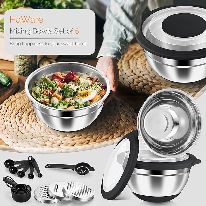 HaWare Mixing Bowls, 24-Piece Stainless Steel Salad Serving Bowl with Airtight Clear Lids, Metal Nesting Bowl For Kitchen Cooking Prepping Storing with 3 Graters, 4.6/2.6/1.5/1/0.7 QT, Black