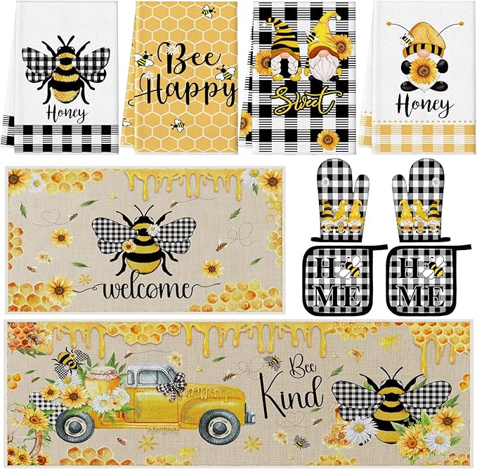 10 Pcs Bee Kitchen Decor Sunflower Oven Mitts and Pot Holders Set Bee Dish Towels Rugs Mats Buffalo Plaid Farmhouse Kitchen Accessories for Chef Baking Cooking Grilling BBQ Women Home Gift