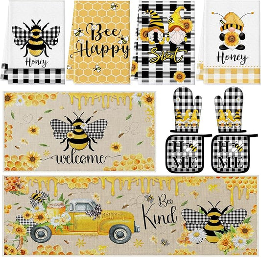 10 Pcs Bee Kitchen Decor Sunflower Oven Mitts and Pot Holders Set Bee Dish Towels Rugs Mats Buffalo Plaid Farmhouse Kitchen Accessories for Chef Baking Cooking Grilling BBQ Women Home Gift