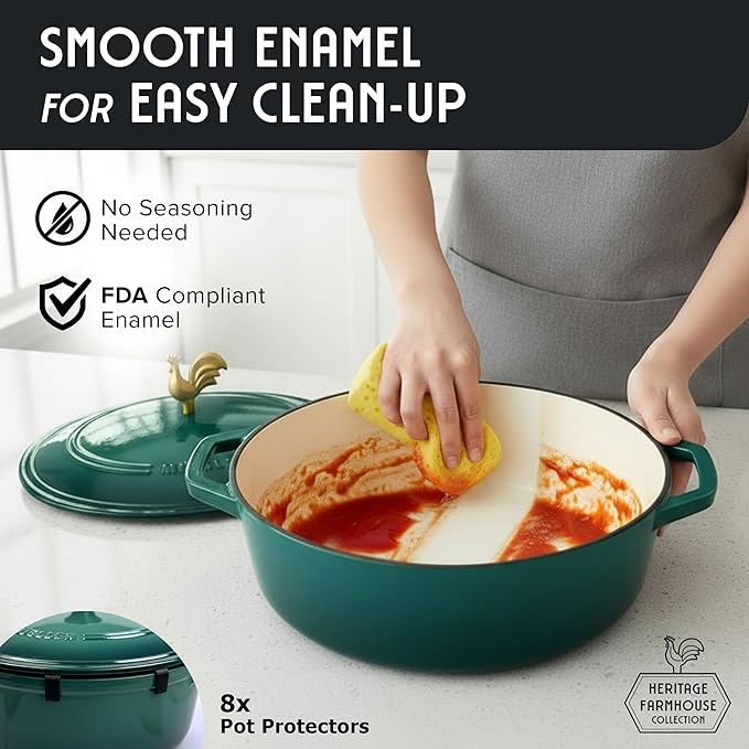 MUELLER HOME 5.5 Quart Enameled Cast Iron Oval Dutch Oven with Rooster Knob and Cotton Potholders, Heavy-Duty Cookware, Oven-Safe up to 500° F & Across All Cooktops, Thanksgiving Essentials, Emerald