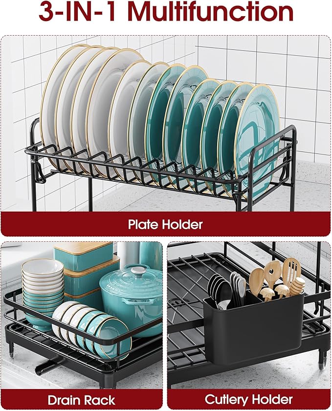 Dish Drying Rack - X-Large Stainless Steel Dish Rack for Kitchen Counter, 2-Tier Kitchen Organizers and Storage for Dishes, Bowls, Cutlery, Black