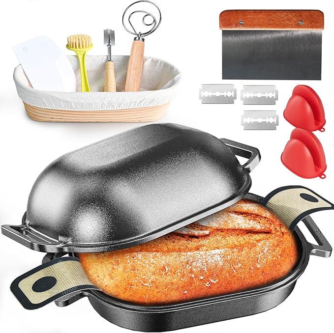 Cast Iron Dutch Oven for Bread Baking, With Banneton Bread Proofing Basket & Baking Supplies, 7.5QT Multi-Functional Dutch Oven Pot with Lid, Cast Iron Bread Pan, Black