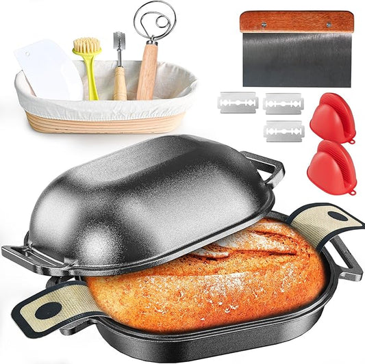 Cast Iron Dutch Oven for Bread Baking, With Banneton Bread Proofing Basket & Baking Supplies, 7.5QT Multi-Functional Dutch Oven Pot with Lid, Cast Iron Bread Pan, Black