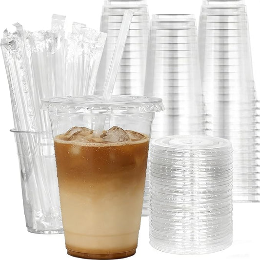 16 oz 100 Pack Disposable Clear Plastic Cups with Lids and Straws, Food Safe Bulk Iced Coffee Cups for Smoothies, Milkshakes and Other Cold Drinks
