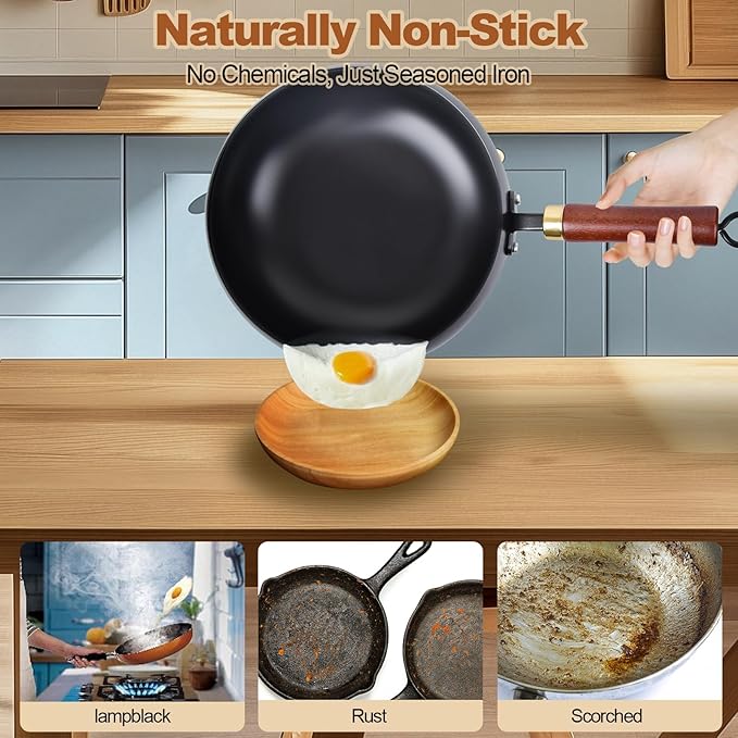 Suntuup Japanese Iron Pan, 9.45 Inch Hand-Forged Uncoated Irons Pan with Wooden Lid, Non-Stick Without Coating, Rust-Free Durable Thick Iron Pot for Gas, Electric Cookers, Induction