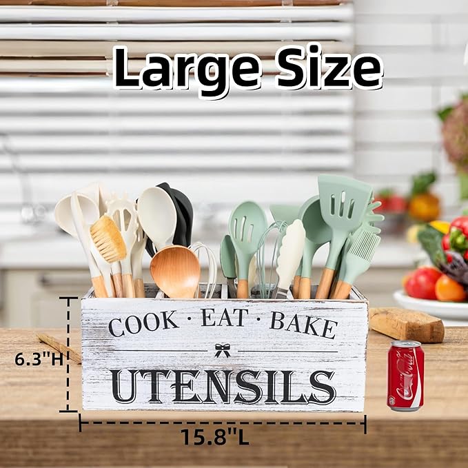 Utensil Holder,Extra Large Wooden Utensil Holder For Kitchen Counter,Cooking Spatula Organizer,Big Storage Caddy With 4 Compartments Flatware Spoon Tool Cutlery（Light White）