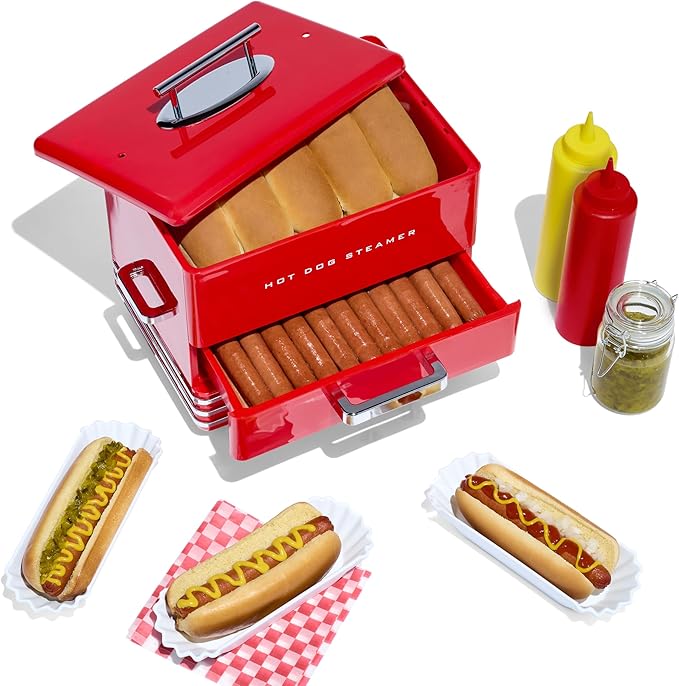 Nostalgia Extra Large Diner-Style Steamer 20 Hot Dogs and 6 Bun Capacity, Perfect for Breakfast Sausages, Brats, Vegetables, Fish