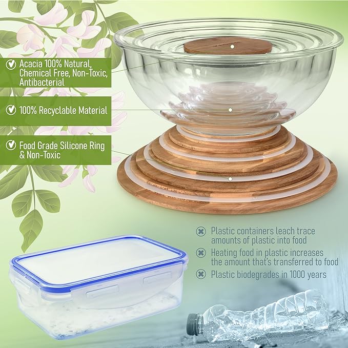 Set of 5 Nesting Glass Bowls with New Updated Acacia Lids for Foodprep, Storage, Mixing & Cooking - Microwave & Oven-ready BPA Free Durable Heat Resistant Inert Borosilicate Glass