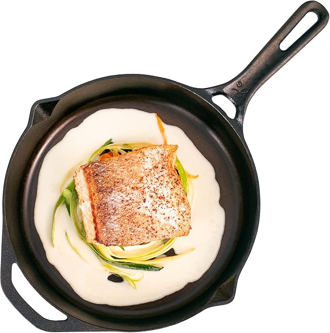 Greater Goods 10-Inch Cast Iron Skillet Frying Pan – Milled Smooth Cast Iron Cooking Surface, Organically Pre-Seasoned with Flaxseed Oil, Long Handle & Dual Pour Spouts for Better Control
