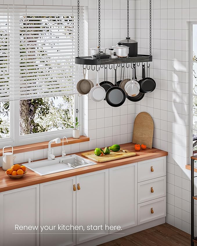 31.7-Inch Hanging Pot Rack, Space-Saving Pot Hanger for Kitchen, Ceiling Pan Hanging Rack with 16 Detachable S Hooks, Sturdy Metal Frame, Industrial Style, Charcoal Black and Black TPR09BC