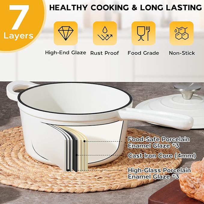 Onader 1QT & 2QT Saucepan Set with Lid, Enameled Cast Iron Small Pot Sets for Cooking, Nonstick Enameled Sauce Pan Dutch Oven, Induction Compatible, Heavy Duty – White