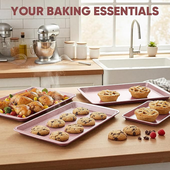 Nonstick Baking Sheet Pan Set of 3, Heavy Duty Cookie Sheets for Oven with Stripe Texture Pattern, 0.6mm Thick Quarter/Half/Jelly Roll Pans, Rust-Resistant & Easy Clean (Pink)
