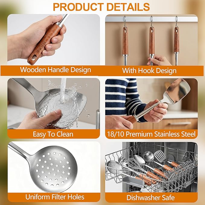 9PCS Cooking Utensils Set, 18/10 Stainless Steel Kitchen Utensils with Wooden Hanlde, Metal Cooking Utensils Set, Spatula, Ladle, Skimmer, Spaghetti Spoon, Potato Masher, Easy To Clean