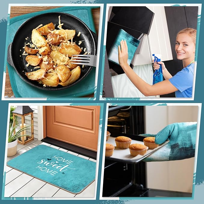 10 Pcs Teal Turquoise Oven Mitts and Pot Holders Kitchen Decor and Accessories Set Turquoise Kitchen Towels Modern Boho Oven Gloves for Home Decorations Cooking Baking Housewarming Gifts