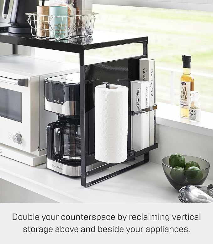 YAMAZAKI Home Kitchen Appliance Rack, Microwave Stand With Steel Side Panel, Adjustable Shelves, Hooks & Storage For Countertops, Small Kitchen Organizer, Modern Minimal Design - Steel