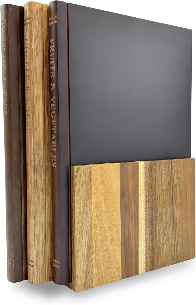 The Cutting Board Library | 100% Acacia Wood | Set of 3 Decorative Kitchen Boards with Wooden Stand | Cheese, Bread & Charcuterie Display | Statement Countertop Accent